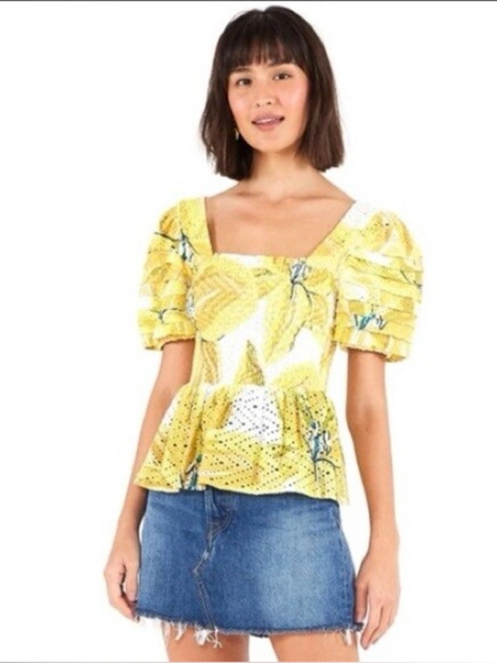 FARM RIO White Azalea Floral Eyelet Smocked Peplum Top Medium Yellow